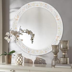 Tanmicoshomy Round Wall Mirror 24 Inch,Circle Mosaic Mirror with Natural Mother of Pearl and Wood Frame, Decorative Coastal Round Wall Mirror for Bathroom Bedroom Living Room Entryway (White)