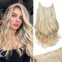 SARLA Invisible Wire Hair Extensions with 3 Clips Long Wavy Curly Synthetic Hairpiece for Women Adjustable Transparent Headband 18 Inch Sunny Blonde