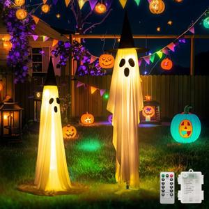 Halloween Decorations Ghost Lights (2-Pack) | Adjustable Height, Battery Powered, 8 Light Modes | with Flat Base for Stable Use Indoor/Entryway/Hallway (Batteries Not Included)