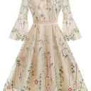 Bow Tie Neck Floral Embroidery Dress for Women Flower Embroidery Tulle Prom Dress 2 Piece Dress Embroidered Floral Mesh Dress Illusion Sheer 3/ 4 Bell Sleeve Formal Short Homecoming Dresses Apricot, Small