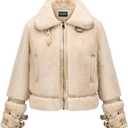 GRAN ORIENTE Womens Belted Winter Faux Fur Coats, Cropped Fuzzy Cuff Furry Zipper Up Warm Jackets Outwear (Beige, L)