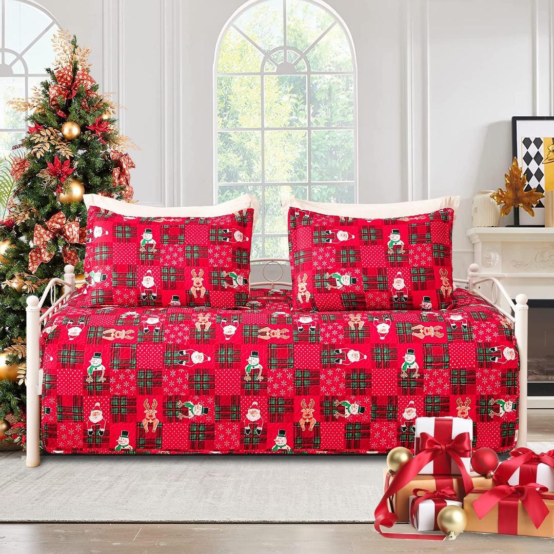 Jarson 3-Piece Christmas Daybed Cover Set,Twin Xmas Daybed Bedding Sets,Patchwork Daybed Comforter for New Year Bed Decor,Santa Snowman Holiday Daybed Bedding with Matching Shams,39"x75"(Red)