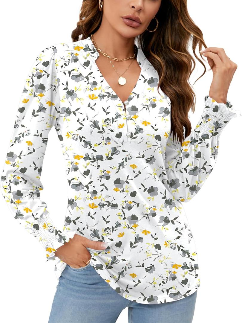 Rapbin Womens V Neck Puff Long Sleeve Button Down Tunic Blouses Fall Tops 2025 Ruffle Cuffs Dressy Casual T-Shirts (Small)