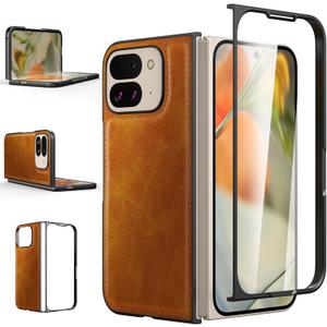 Foluu for Google Pixel 9 Pro Fold Case, with Front Built-in Screen Protector, PU Leather + Hard PC Shell Ultra Thin Slim Durable Protective Phone Case Cover for Google Pixel 9 Pro Fold 2024 (Yellow)