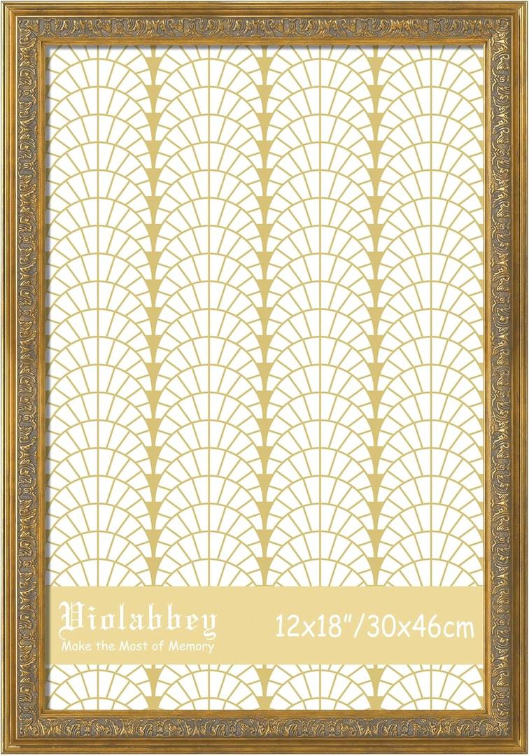 VIOLABBEY 12x18 Frame Gold, Vintage Poster Photo Frames Ornate without Mat for Wall Hanging