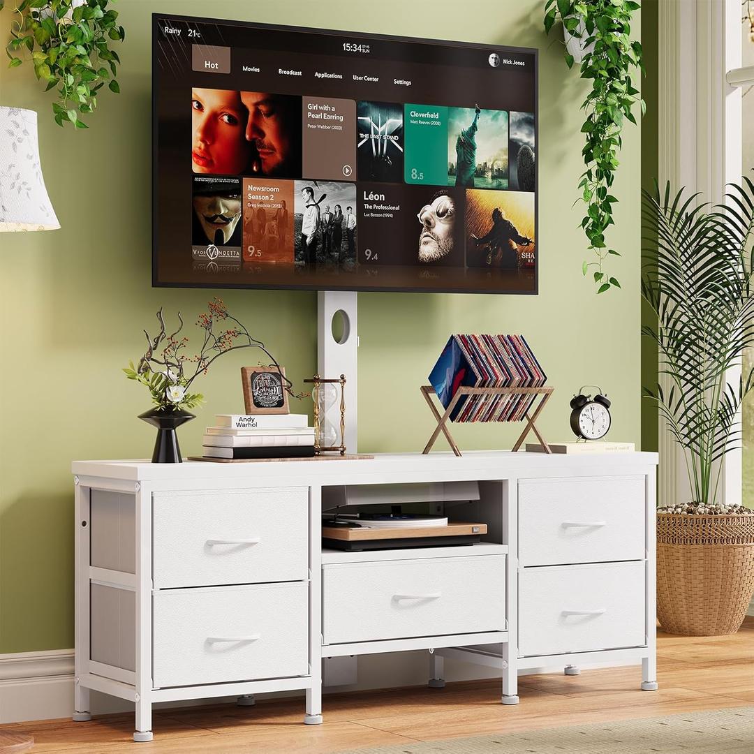White TV Stand with Mount for 45, 55, 65, 75 Inch TV, Entertainment Center with 5 Fabric Drawers, Open Shelves, TV Media Console for Living Room