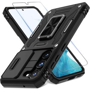 DEERLAMN Case for Samsung Galaxy S23+ Plus with Slide Camera Cover+ Screen Protector(1 Pack),Rotated Ring Kickstand Military Grade Shockproof Protective Cover-Black
