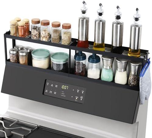 OTraki 2 Tier Strong Magnetic Oven Shelf 30 Inch Length Spice Rack Over The Stove Shelf with 2 Anti-Slip Mats Seasoning & 4 Hooks Kitchen Spice Storage Organizer Black