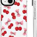 for iPhone 13 / iPhone 14 Case [Military-Grade Drop Protection/Cute Soft Slim TPU Protective/Camera Protection/Women & Girls] - Pink Bow with Red Cherry Scatter Pattern