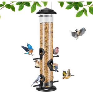 Kingsyard Metal Bird Feeders for Outdoors Hanging, Tube Bird Feeder with 6 Feeding Ports, 15 Inch, Chew-Proof & Weatherproof, Black