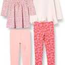 Amazon Essentials Girls and Toddlers' Long-Sleeve Ruffle Outfit Set with Bowknot Design, Pack of 4 (3T)