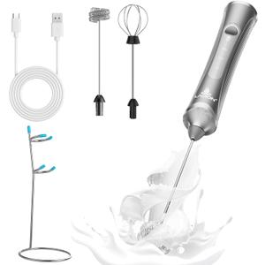Rechargeable Frother Wand with Stand, Milk Frother with Detachable Stainless Steel Double Rings Whisk, 3-Speed Handheld Electric Drink Mixer for Lattes, Cappuccino, Coffee (Space Gray)