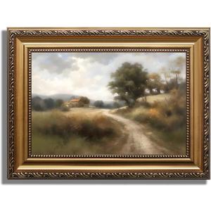 ASTRDECOR Vintage Gold Framed Wall Art Prints, Landscape Paintings Canvas Wall Art for Bedroom, Vintage Field Country Nature Wall Art, Hills Path Green Pictures Farmhouse Wall Decor Living Room -12''x16''