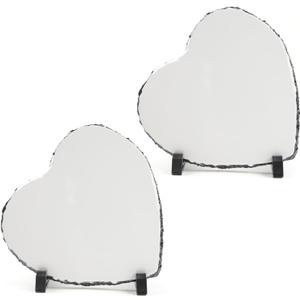 2 Pack Sublimation Slate Blanks 7.5x7.5 Inch Heart Custom Stone Slate Picture Frame Heat Transfer Rock Photo Plaque with Display Stand Decoration for Desktop Souvenir DIY Personalized Gift