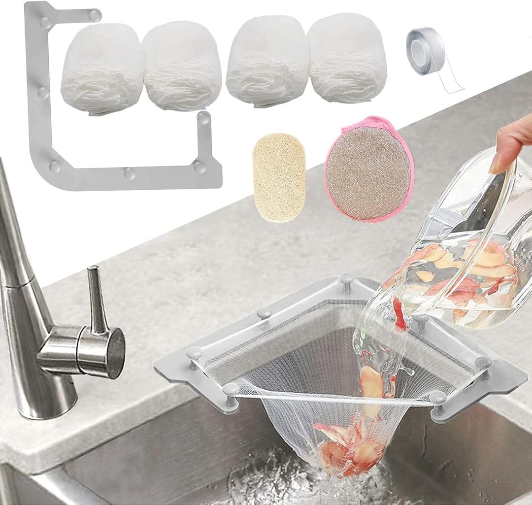 Kitchen Sink Triangle Tri-Holder Filter, Kitchen Sink Strainer, Sink Drain Strainer, with a Triangular Gray Rack and 200PCS Large Size Filtering Mesh Bags for Kitchen Leftover