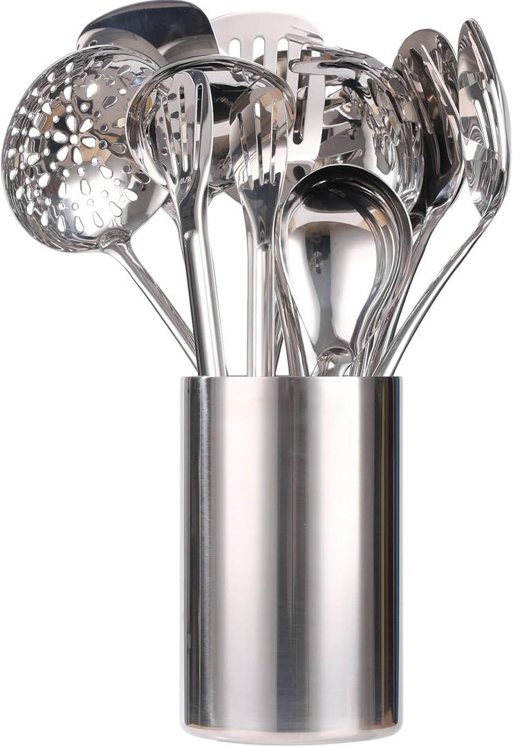 18/10 Stainless Steel Kitchen Utensils Set with Holder - 15 Spatula Spoon Set with Storage Organizer for Countertop, Fork, Tongs, Spatula, Ladle, Skimmer, Turner, Spaghetti, Large Spoon Set of 12