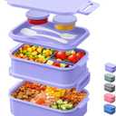 Lunch Box Adults Bento Box - 74 OZ All-in-One Stackable Lunch Box Containers for Adult Large Bento Box with Fork Spoon Sauce Boxes, Leakproof Lunchbox for Work School Dining Out,Macaron-Purple