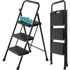 Step Ladder, 3 Step Stool Foldable with Anti-Slip Pedal & Comfortable Handrail, 800lbs Capacity Sturdy Steel Ladder, Protable Heavy Duty Step Stool for Kitchen, Garage & Outdoor Use, Black