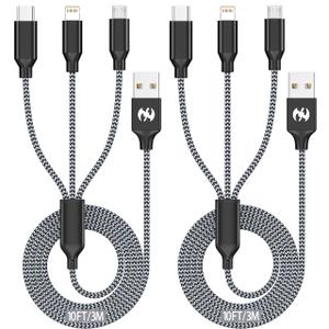 Multi Charging Cable, 10ft 2Pack Multi Phone Charger Cable Braided Universal 3 in 1 Charging Cord Extra Long Multiple USB Cable with USB C, Micro USB Port Connectors for Cell Phones and More