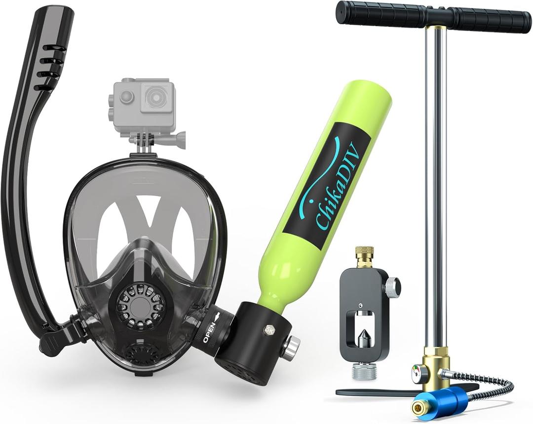 CHIKADIV Mini Scuba Tank with Sub-Mask, Scuba Tank with Snorkel Mask Lung with Full-face Mask Underwater Breathing Mask E Green 