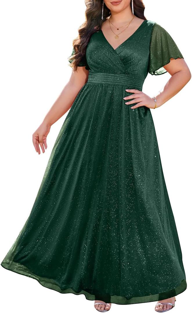 Talisea Plus Size Formal Dresses - V Neck Flutter Sleeve Glitter Prom Evening Gowns Wedding Guest Chiffon Long Maxi Dress 18W
