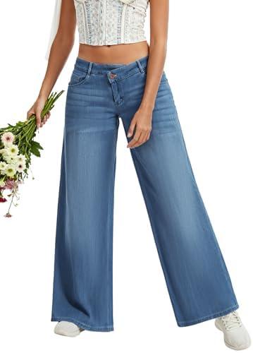 AIMILIA Women's Low Rise Wide Leg Jeans, Boyfriend Baggy Straight Leg Stretch Denim Pants, Crossover Closure Casual Trouser L