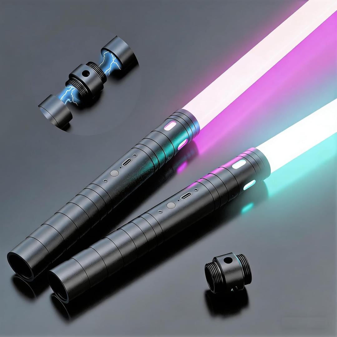 Juxaxia Lightsaber 2 Pack - Metal Hilt Dueling Light Sword with Connector (2-in-1), 20 RGB Colors & 3 Sound Modes, Rechargeable Cosplay Toy for Kids & Adults Gift, Halloween Christmas (24 in,Black)