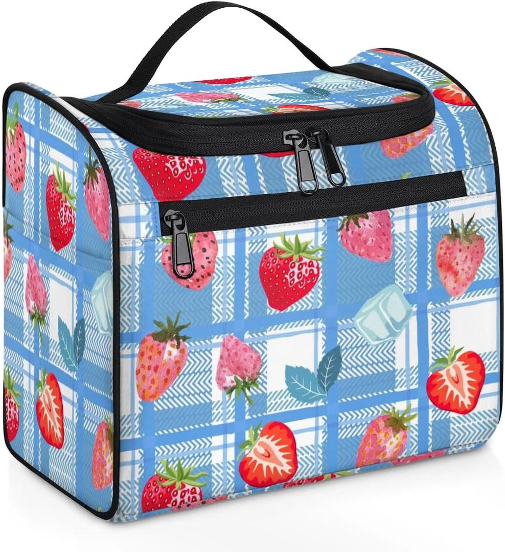 Large Capacity Travel Toiletry Bag for Women - Portable Handle Makeup Bag Organizer, Waterproof Hanging Cosmetic Case with Multiple Pockets, Double Zippers for Vacations - Strawberry Check