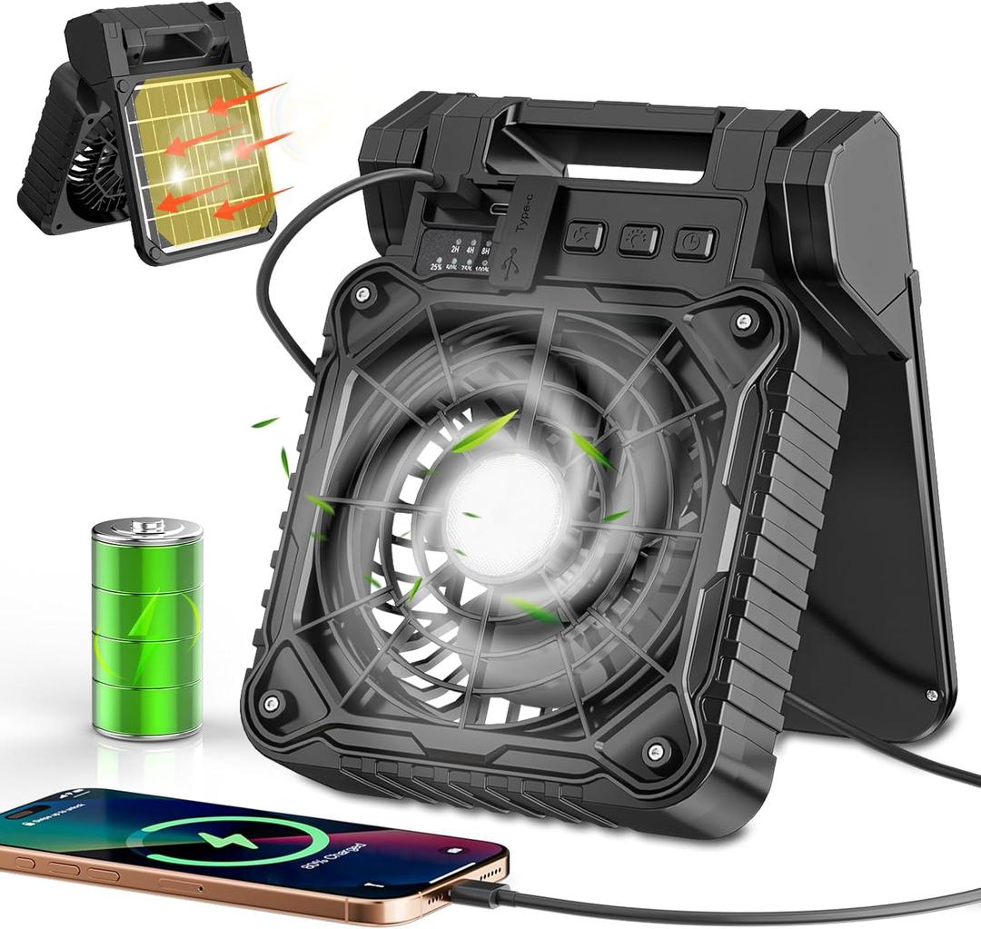 Solar Camping Fan 10400mAh, Solar Powered Fan with LED Lantern, 7W Rechargeable Battery Operated Fans for Outside, 4 Speeds, 2-8H Timer and Quiet Battery Powered Solar Tent Fans for Outdoor, Barbecue (Black)