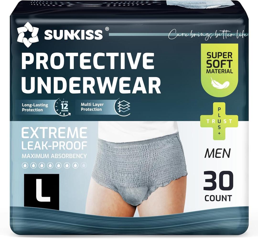 SUNKISS Super Soft Incontinence Underwear for Men, Daytime Disposable Adult Pull Ups, Mens Protective Diapers with Maximum Absorbency, Large, Grey, 30 Count