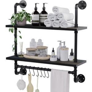 ROGMARS Industrial Pipe Bathroom Shelves Shelving,24" Black Floating Shelves for Bathroom with Towel Bar Hooks,Kitchen Wall Mounted Shelves Coffee Bar Shelf for Living Room Bedroom