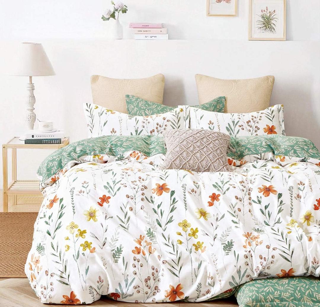 SLEEPBELLA Duvet Cover Set 600 Thread Count Cotton Bedding Set (Twin, White&Green Floral)