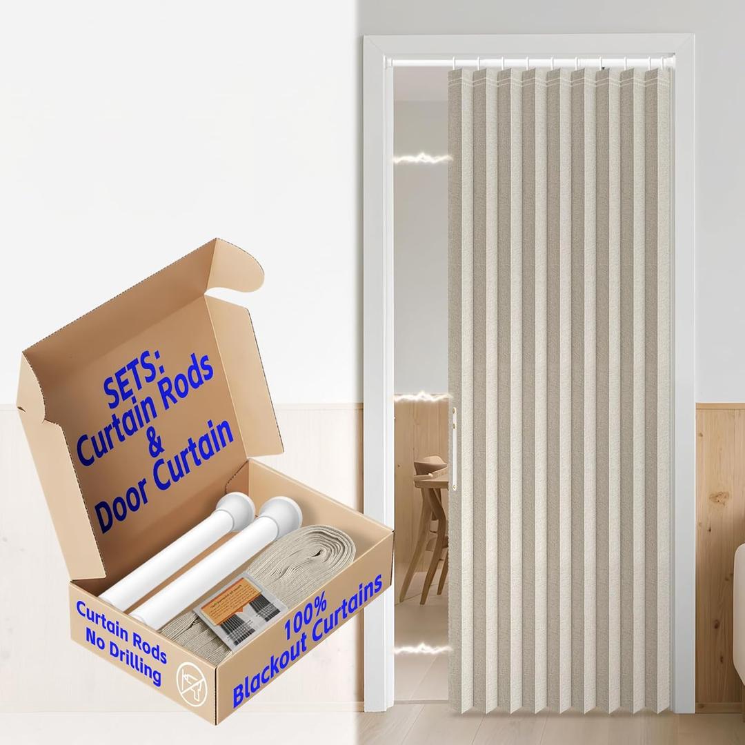 AJAZZ 100% Blackout Door Curtains for Door Window Curtains Magnetic Doors Blackout Curtain for Bedroom, Doorway Curtain Sets (1 Pack, 44 W x 78 L, Cream White+Rod)