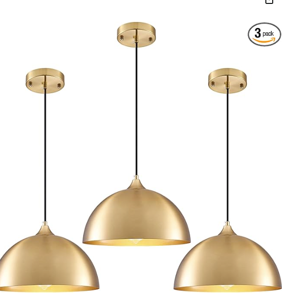 Gold Pendant Light 11.8", Industrial Dome Pendant Lights with Gold Interior, Adjustable Farmhouse Hanging Light for Kitchen Island Dining Room Bedroom Restaurant, 3 Pack