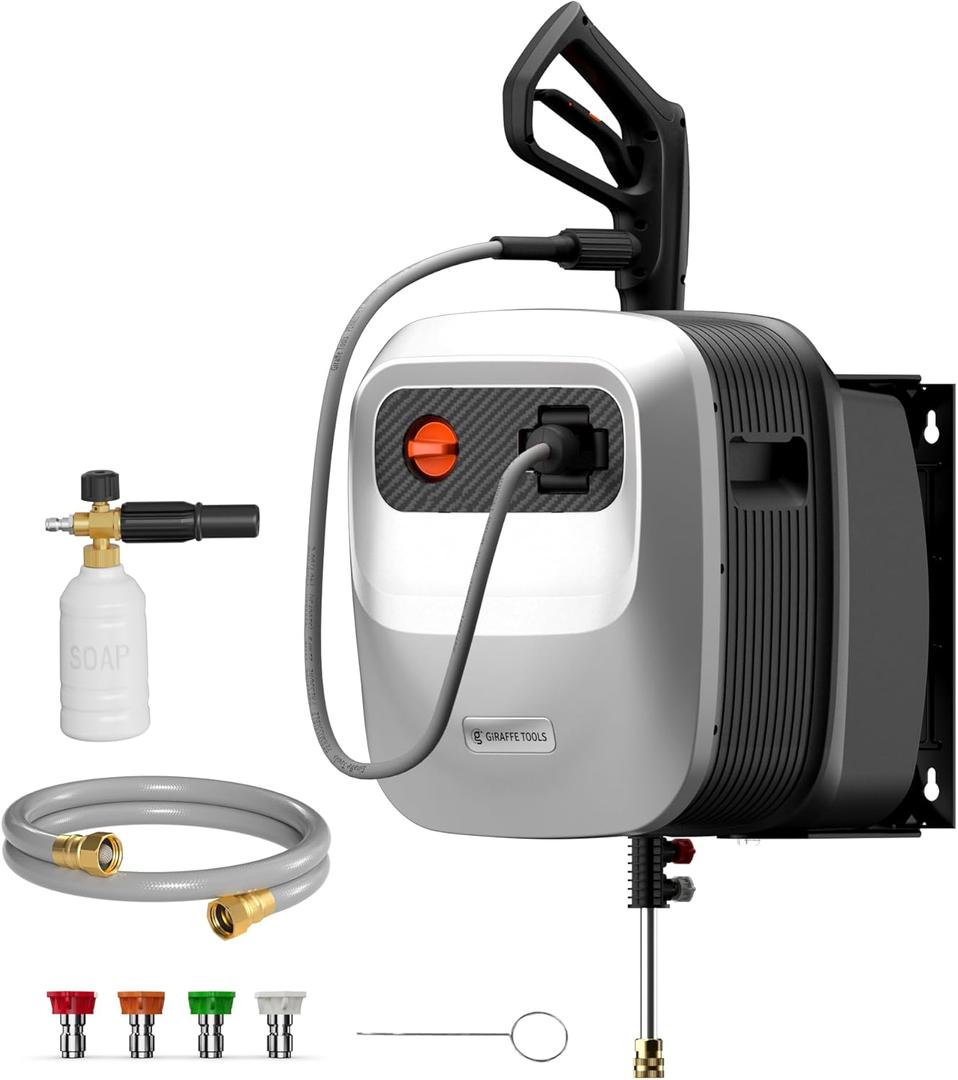 Giraffe Tools Grandfalls Retractable Pressure Washer G20, 2500 PSI 2.2 GPM, 180 Wall Mounted Power Washer, Auto-Retract with 65FT Hose Reel, 5 Nozzles for Floor/Cars/Fences/Patios, Light Silver