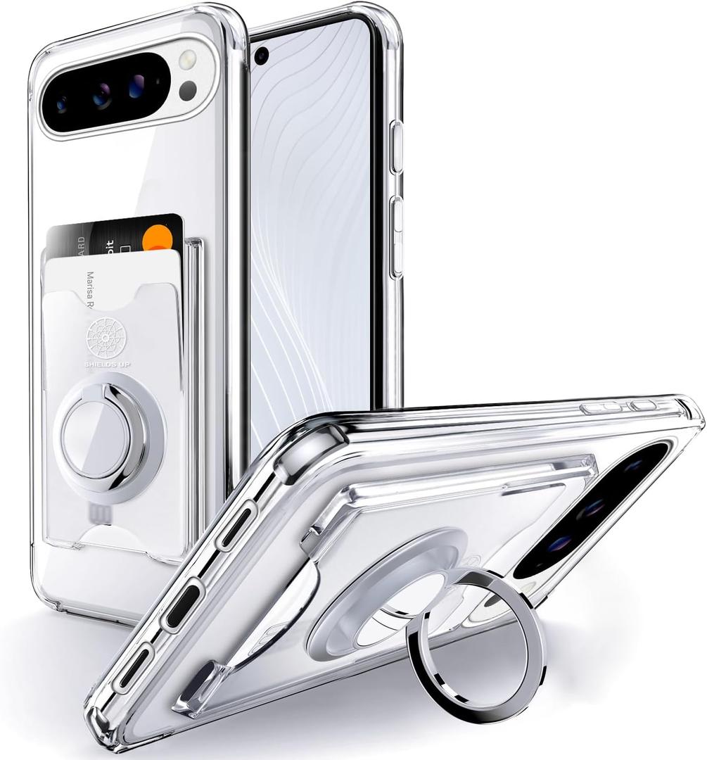 Shields Up for Pixel 10 Pro XL Case, Minimalist Wallet Case with Card Holder [3 Cards] and Ring Kickstand/Stand, [Drop Protection] Slim Protective Cover for Google Pixel 10 Pro XL - Clear
