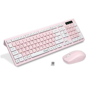 Wireless Keyboard and Mouse Combo, Reccazr 2.4G Full-Sized Keyboard and Mouse Cordless, 3 DPI Adjustable Mouse, Dual-System Keyboard for Computer/Laptop/Windows/Mac (Pink & White)