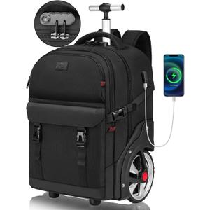 MATEIN Rolling Backpack for Men with Wheels, 17 Inch Large Wheeled Backpack with USB Charging Port & Combination Lock, Water Resistant Anti Theft Travel Laptop Backpack for Adults Work Business, Black