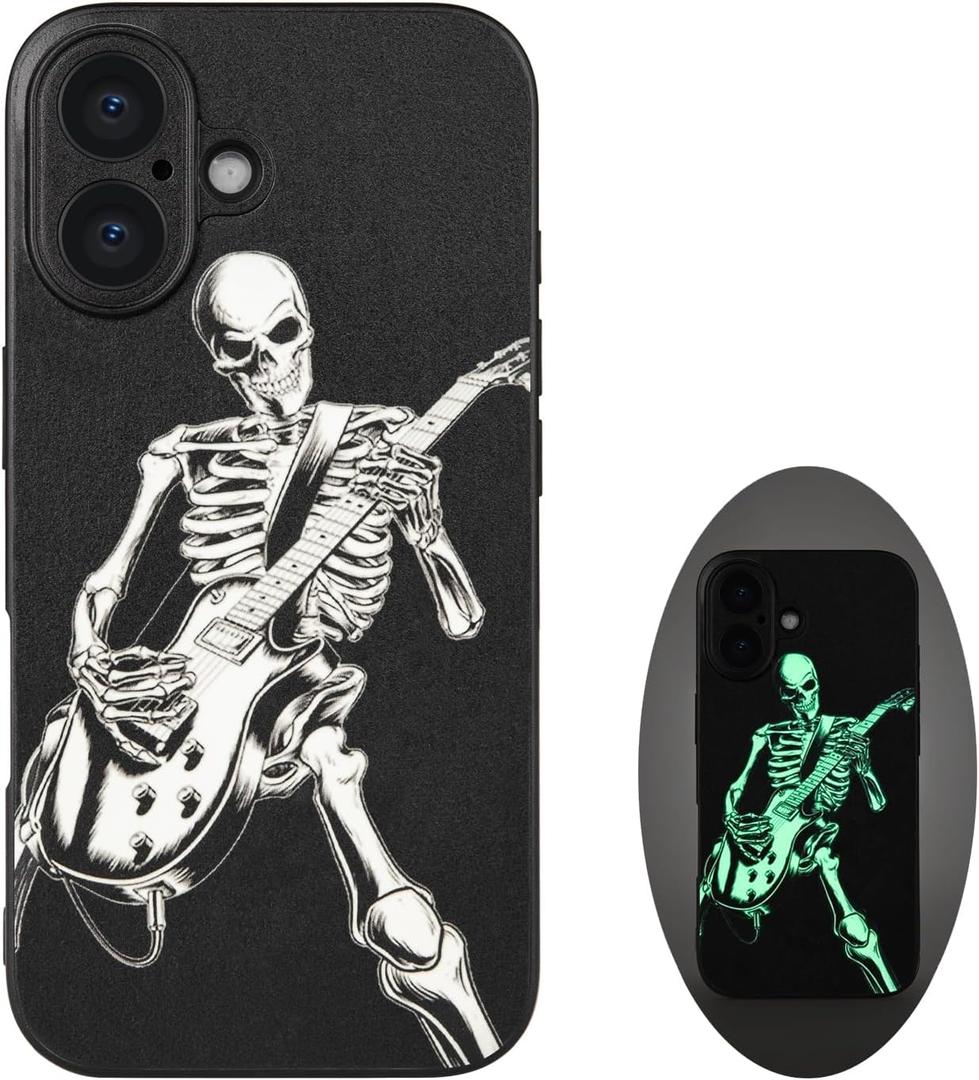 Skull Phone Case for iPhone 16, Skeleton Playing Guitar, Cool Goth Edgy Gothic Emo Luminous Design, Rock n Roll Style, Light Up Glow in The Dark, Leather Finish (iPh 16-Skeleton Playing Guitar)