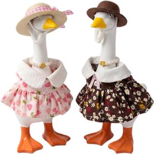Desk Goose Outfits 7 Inches- 2 Set Cute Spring Summer Matching Dresses for Mini Desktop Geese with Hats Necklace, Magnetic Duck Goose Statue Accessories