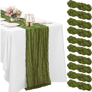 10 Pack Olive Green Cheesecloth Table Runner 10FT Boho Gauze Fabric Table Runner Vintage Rustic Sheer Runners for Wedding Party Bridal Baby Shower Long Table Decorations (21"x120")