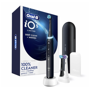 OralB Rechargeable Electric Toothbrush, iO5 Limited Deep Clean & Whiten, 5 Cleaning Modes, Visual Pressure Sensor to Protect Gums, Travel Case, 3 Brush Heads, Black