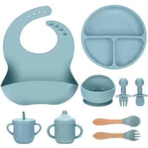 JELLDJK Silicone Baby Feeding Set 9 Pcs, Spill-Proof Suction Plate, Bowl, Bib, Silicone spoon&forks, Wooden Spoons&forks, Training cup with straw and Sippy Cup, Baby Eating Utensils (Blue)