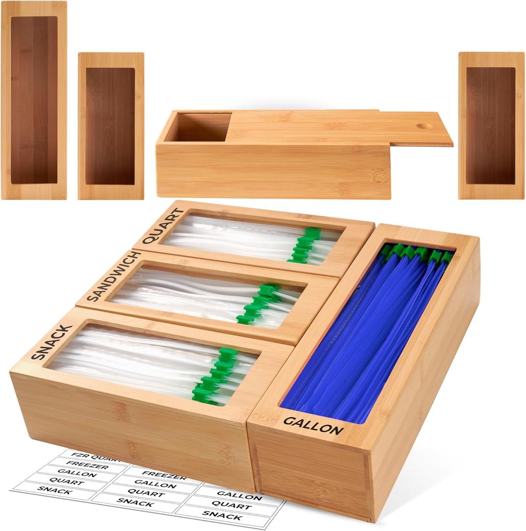 Storage Bag Organizer, Bamboo Baggie Organizer for Drawer, 4 Modular Blocks with Labels, Plastic Bag Storage Organizer, Quick Refill, Compatible with Gallon, Quart, Sandwich, Snack size bags Storage Bag Organizer, Bamboo Baggie Organizer for Drawer, 4 Modular Blocks with Labels, Plastic Bag Storage Organizer, Quick Refill, Compatible with Gallon, Quart, Sandwich, Snack size bags