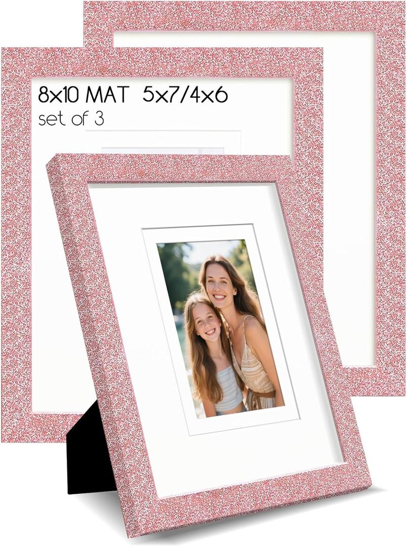 8x10 Pink Glitter Picture Frame Set of 3, Decorative Sparkling Photo Frame with 5x7/4x6 Mat for Tabletop or Wall Display, Poster Frame with Solid Wood and Real Glass, Scandinavian Style Home Decor