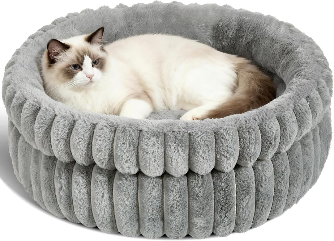 Cat Bed Kitten Bed, Washable Round Cat Beds for Indoor Cats, Super Soft Plush Faux Fur Pet Bed for Puppy and Kitten with Anti-Slip Bottom Medium (24*24in)