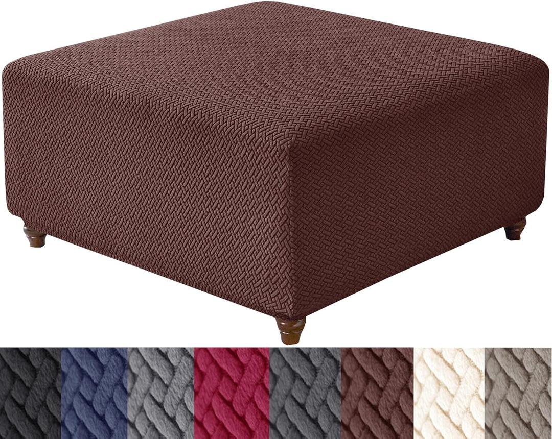 HFCNMY Ottoman Cover,Stretch Knitted Jacquard Square Ottoman Cover Thick Ottoman Slipcover Square Washable Storage Foot Stool Cover with Elastic Bottom Coffee Medium