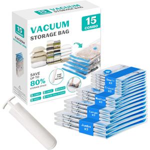 15 Pack Vacuum Seal Bags for Clothing &Travel, Space Saver Vacuum Storage Bags for Blankets,Luggage,Clothes,Comforter, Hand Pump Included (3 Jumbo,3 Large,3 Medium,3 Small,3 Roll
