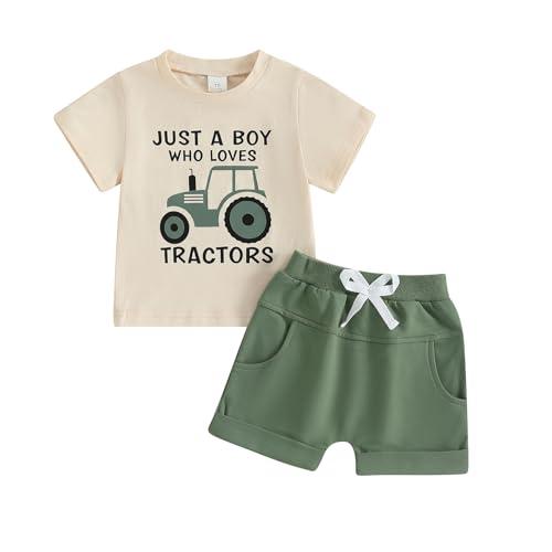Beautooly Baby Boy Cute Letter Short Sleeve Shirt Top Elastic Waist Shorts Toddler Summer Outfits (Green Just A Boy Who Loves Tractors, 12-18 Months)