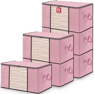 6 Pack 90L Clothes Storage Bags Dorm Storage Containers with Clear Window Handle Organization Bins for Comforter, Pillows, Closet and College Dorm Essentials(Pink)